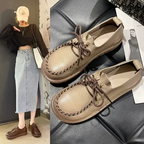 休闲皮鞋女2023新款大码百搭四季鞋系鞋带三公分单鞋女真皮牛津鞋商品大图