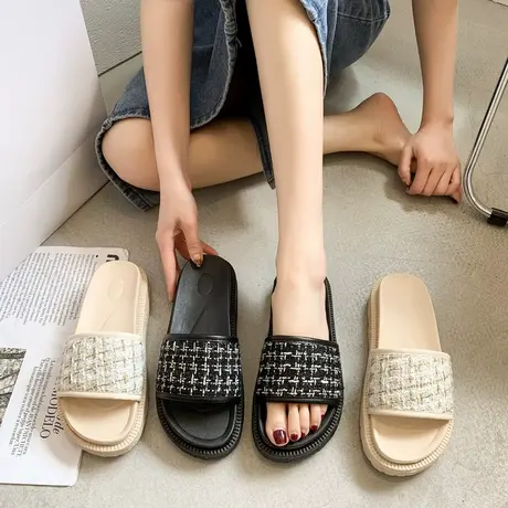 网红厚底一字拖鞋女外穿2023夏季新款织物休闲百搭防滑凉拖鞋凉鞋图片