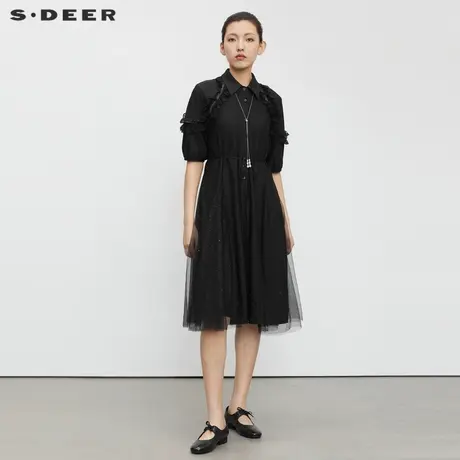 sdeer圣迪奥翻领条纹网纱蕾丝衬衫连衣裙S23261208图片