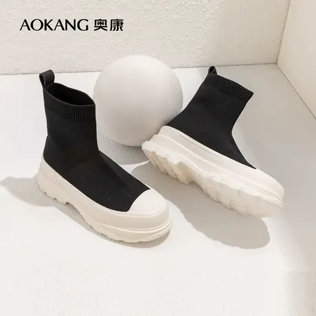 奥康女鞋 春秋款时尚休闲厚底袜靴连袜弹力厚底针织靴子一体鞋图片