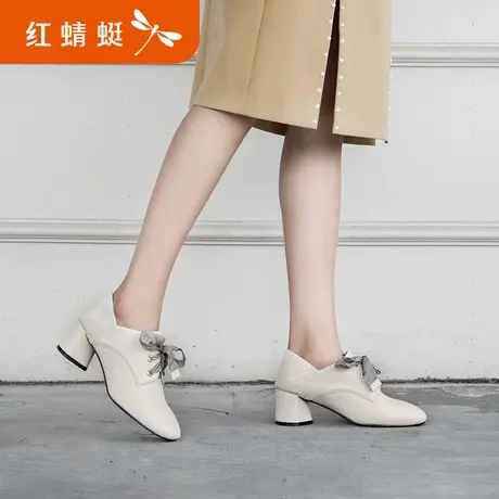 红蜻蜓女鞋春秋季窝窝鞋真皮高跟深口小皮鞋女方头系带粗跟单鞋女图片