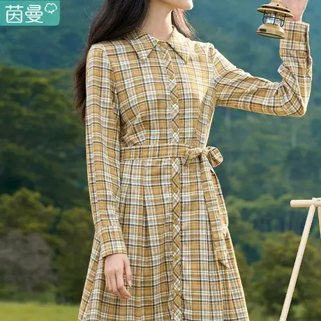 茵曼官方旗舰店衬衫格子连衣裙女装2023秋季新款长袖收腰中长裙子商品大图