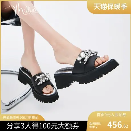 millie's妙丽新款羊皮镶钻时尚休闲通勤厚底女外穿凉拖鞋SUJ07BT2图片