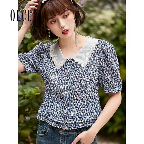 Oece复古小碎花衬衫夏季新款女装文艺温柔蕾丝领短袖气质上衣图片