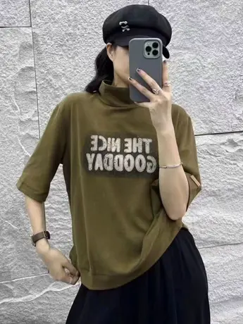 2023春夏新款宽松T恤字母印花半高领打底衫五分袖百搭弹力上衣潮商品大图