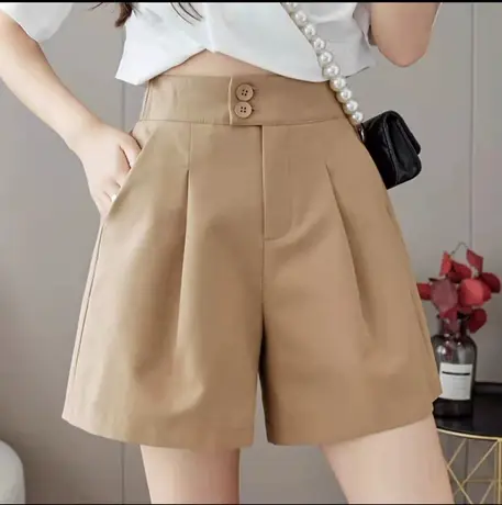 2023新款卡其色西装短裤女夏宽松阔腿显瘦百搭高腰a字女士休闲裤图片