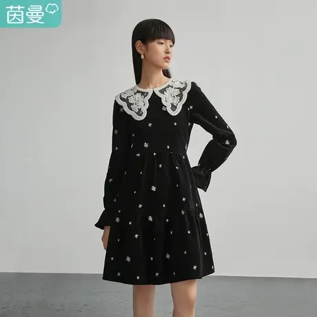 茵曼特价清仓春季新款女绣花娃娃领刺绣喇叭袖显瘦长袖连衣裙商品大图