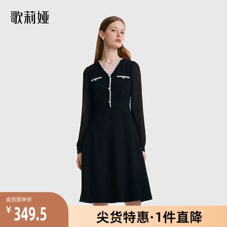 歌莉娅秋季新品小香风V领黑色长袖时尚显瘦百搭连衣裙1B9C4K390图片