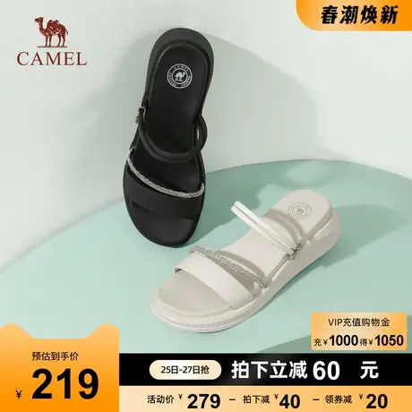 骆驼女鞋2023年夏季新款真皮一字带厚底休闲两穿凉拖鞋女外穿凉鞋图片