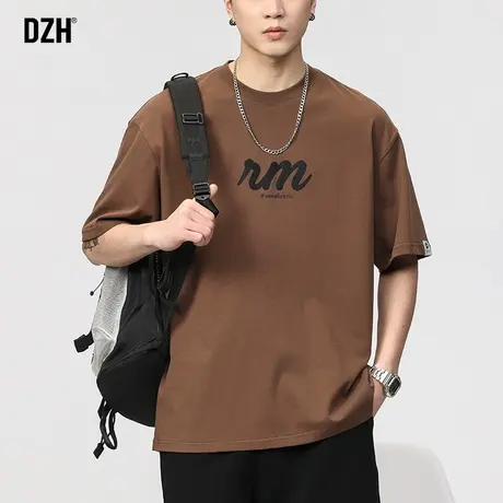 男士美式短袖夏季男款咖啡色发泡印花t恤纯棉打底上衣半袖体恤衫商品大图