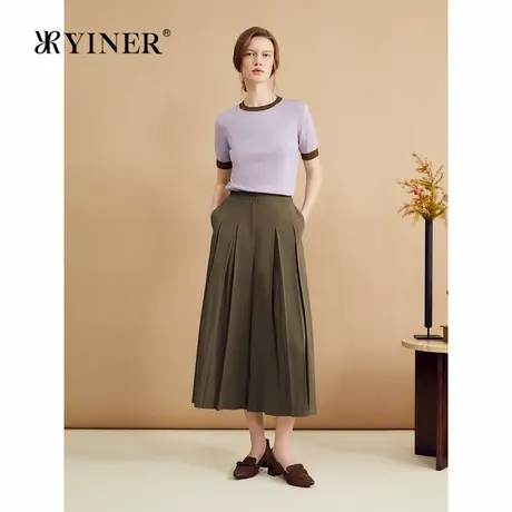 YINER音儿秋季法式优雅16针桑蚕丝毛针织衫撞色上衣图片