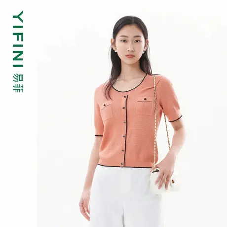 [专柜同款]Yifini/易菲修身短款短袖撞色圆领针织衫女夏装新商品大图