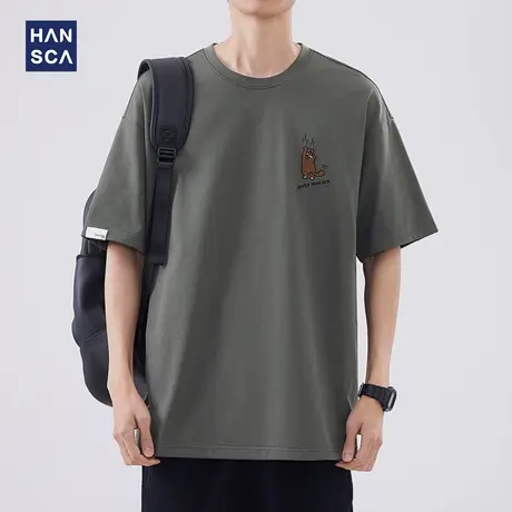 hansca可爱趣味猫咪刺绣短袖男夏季2024新款日系简约百搭宽松体恤商品大图