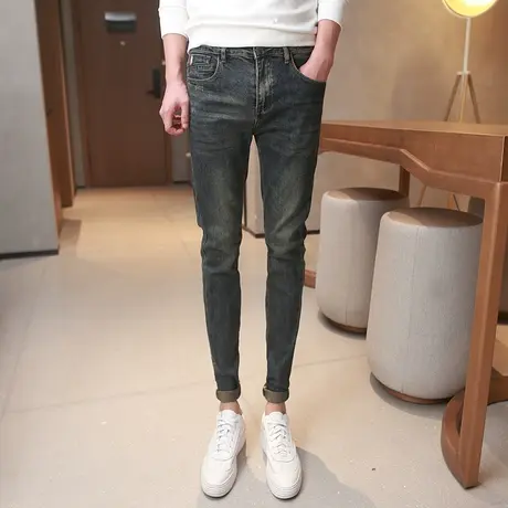 2023秋冬新款深色系牛仔长裤潮流猫须显瘦小脚裤特色刺绣铅笔裤男商品大图