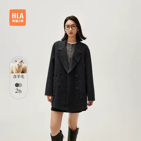 HLA/海澜之家西装领毛呢大衣秋冬季新款含羊毛保暖休闲短外套女装商品大图