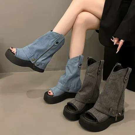 凉鞋女款2025新款夏季高级感小个子厚底两穿短筒堆堆裤管罗马凉靴商品大图