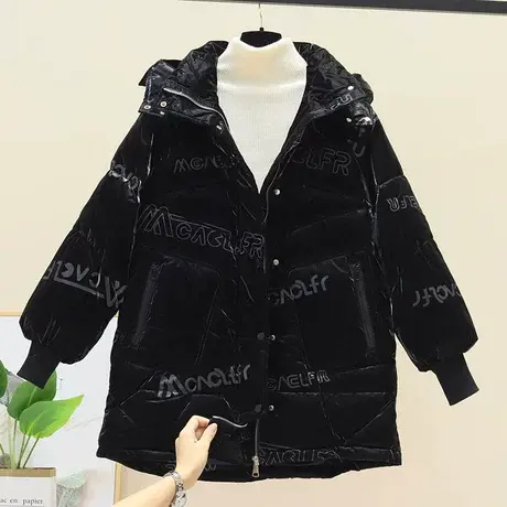 时尚免洗亮面羽绒棉服女2023年新款冬季ins港风长款加厚印花棉衣图片