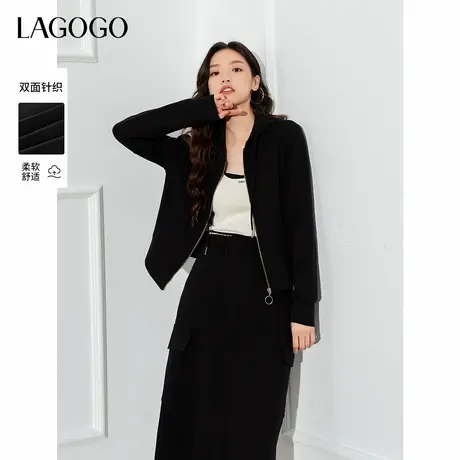 LAGOGO休闲运动风连帽卫衣短外套女拉谷谷春秋新款黑色半身裙套装图片