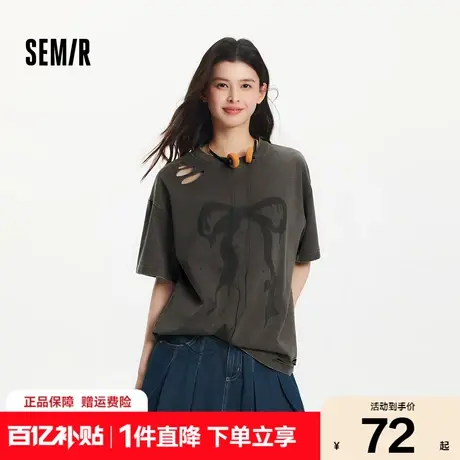 森马短袖T恤女中长款纯棉做旧oversize夏2025新款蝴蝶结破洞衣服图片