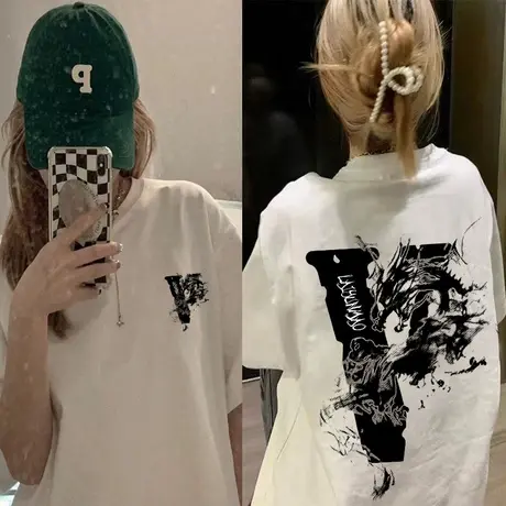 国潮美式复古重磅纯棉白色短袖t恤新款小众烟雾龙大V印花上衣ins图片