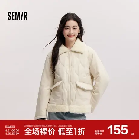 森马棉服女拼接毛绒翻领温柔百搭2024冬季新款时尚宽松棉衣复古风图片