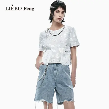 裂帛LIEBOFeng商场同款2023设计师链条初恋白月光印花雪纺蕾丝衫图片