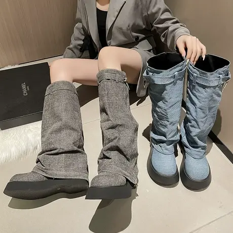 长筒靴女2023春秋季新款网红小众设计感西部牛仔靴厚底高跟裤管靴图片