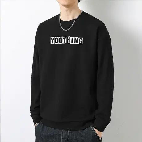 黑色卫衣男华夫格2023新款字母印花圆领无帽长袖t恤宽松潮流百搭商品大图