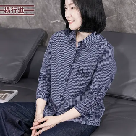 全棉刺绣宽松格子衬衫复古开衫小外套外搭上衣女士衬衣秋季纯棉商品大图