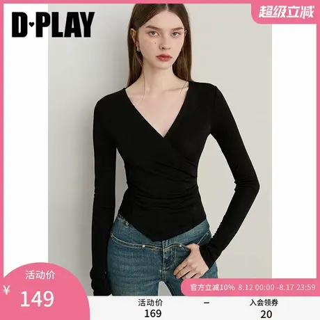 DPLAY2025年秋季新款黑色t恤女流行独特正肩修身长袖上衣打底衫商品大图