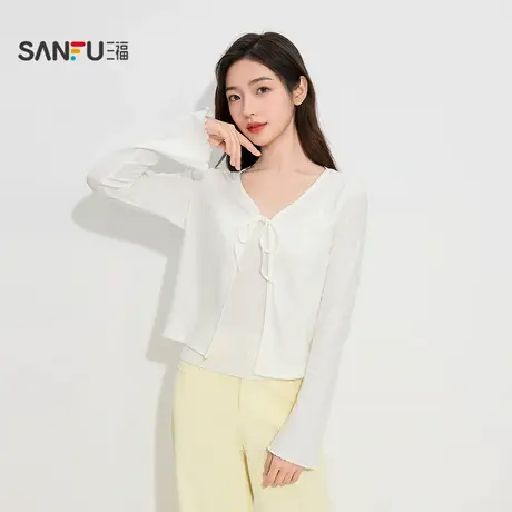 三福女秋季提花肌理感喇叭袖波边开衫 法式修身打底衫女504761图片