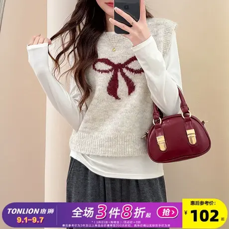 唐狮2025秋冬毛衣女蝴蝶结图案圆领套头马甲外穿高级感百搭时尚商品大图
