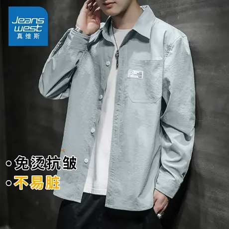 KZH真维斯港风长袖衬衫男秋冬新款宽松时尚外套商务明线休闲上衣商品大图