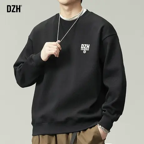 DZH男生黑色重磅卫衣男春秋季美式圆领长袖刺绣上衣男款外套衣服商品大图