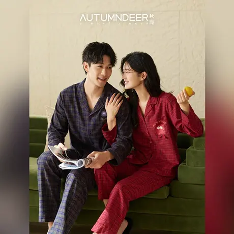 秋鹿柔软梭织色织格纯棉睡衣女2025秋季新款情侣男长袖家居服套装商品大图