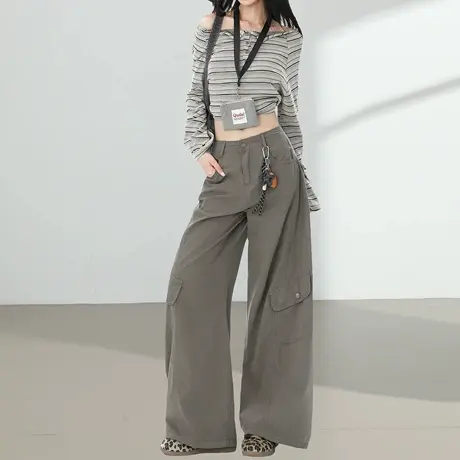 牛仔工装裤女2025新款高腰宽松显瘦垂感多口袋加长拖地阔腿弯刀裤商品大图