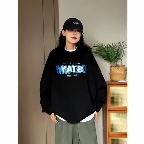 巨好看的早秋穿搭字母印花圆领卫衣女2025年韩版遮肉显瘦长袖上衣商品大图