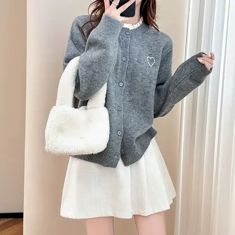 唐狮秋冬毛衣女外套温柔风木耳边设计珍珠甜美风高级感针织衫tu商品大图