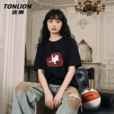 唐狮官方纯棉短袖t恤女2026新款夏季美式宽松印花半袖黑色上衣VC图片