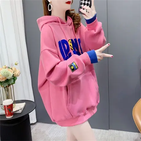 中长款卫衣女士加绒加厚连帽上衣2022新款秋冬宽松小个子百搭外套商品大图