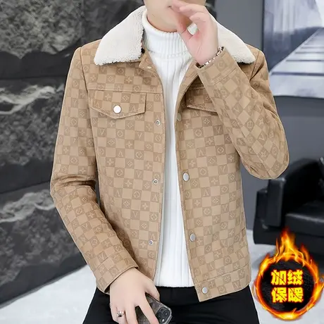 秋冬季加绒加厚毛领鹿皮绒外套男士潮流ins帅气工装休闲夹克上衣商品大图