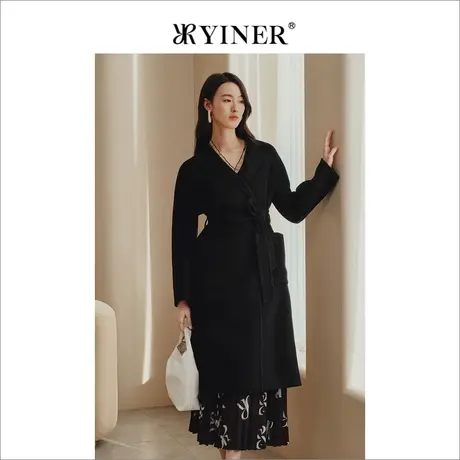 YINER音儿女装2022冬季新款收腰中长款双面呢羊毛大衣商品大图