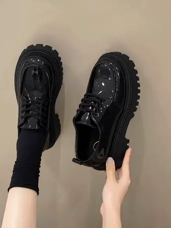 小皮鞋女2023年新款秋冬季英伦风增高厚底单鞋一脚蹬松糕乐福鞋子商品大图