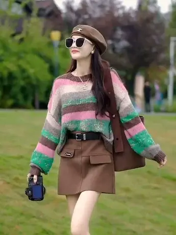 秋季新款套头撞色圆领条纹长袖宽松针织上衣高腰A字半身裙套装女商品大图