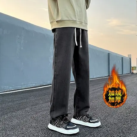 加绒牛仔裤子男士秋冬款加厚保暖直筒休闲裤子男宽松美式复古长裤商品大图