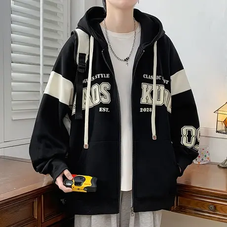 男秋冬季外套ins潮牌休闲加绒加厚开衫卫衣服春秋款保暖连帽夹克商品大图