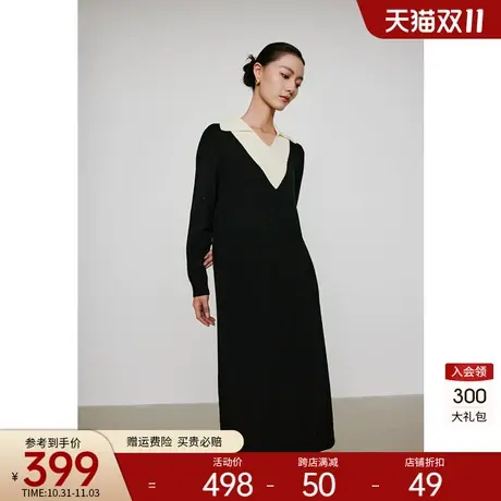 假两件拼接针织连衣裙女衣香丽影2023年冬季新款翻领老钱风中长裙商品大图