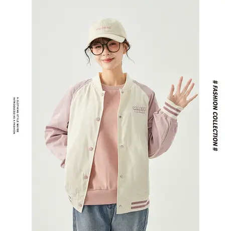 [商场同款]唐狮春秋季外套女少女拼色棒球外套少女风休闲运动短图片