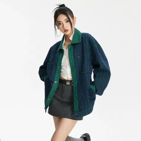 2023春秋新款条纹做旧牛仔外套女设计感小众ins潮牌宽松休闲夹克商品大图
