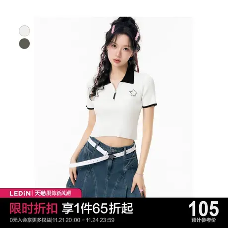 乐町撞色POLO短袖女2023年夏季新款半开襟千禧风甜酷辣妹风T恤商品大图